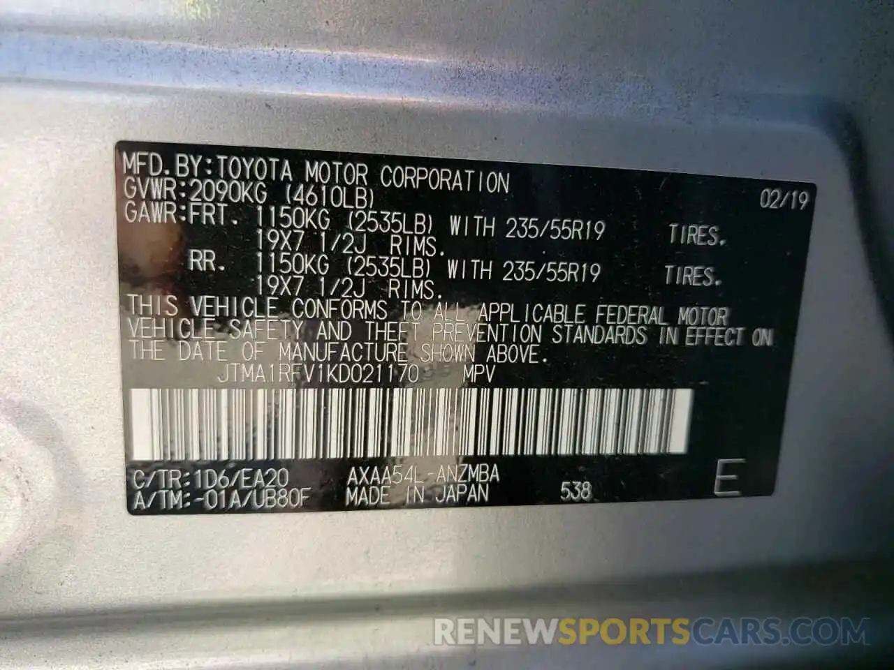 10 Photograph of a damaged car JTMA1RFV1KD021170 TOYOTA RAV4 2019