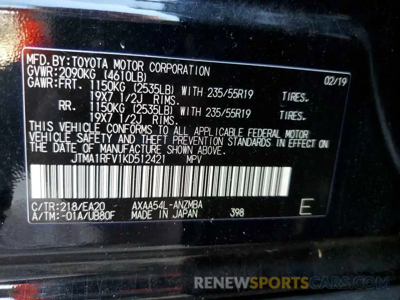 10 Фотография поврежденного автомобиля JTMA1RFV1KD512421 TOYOTA RAV4 2019