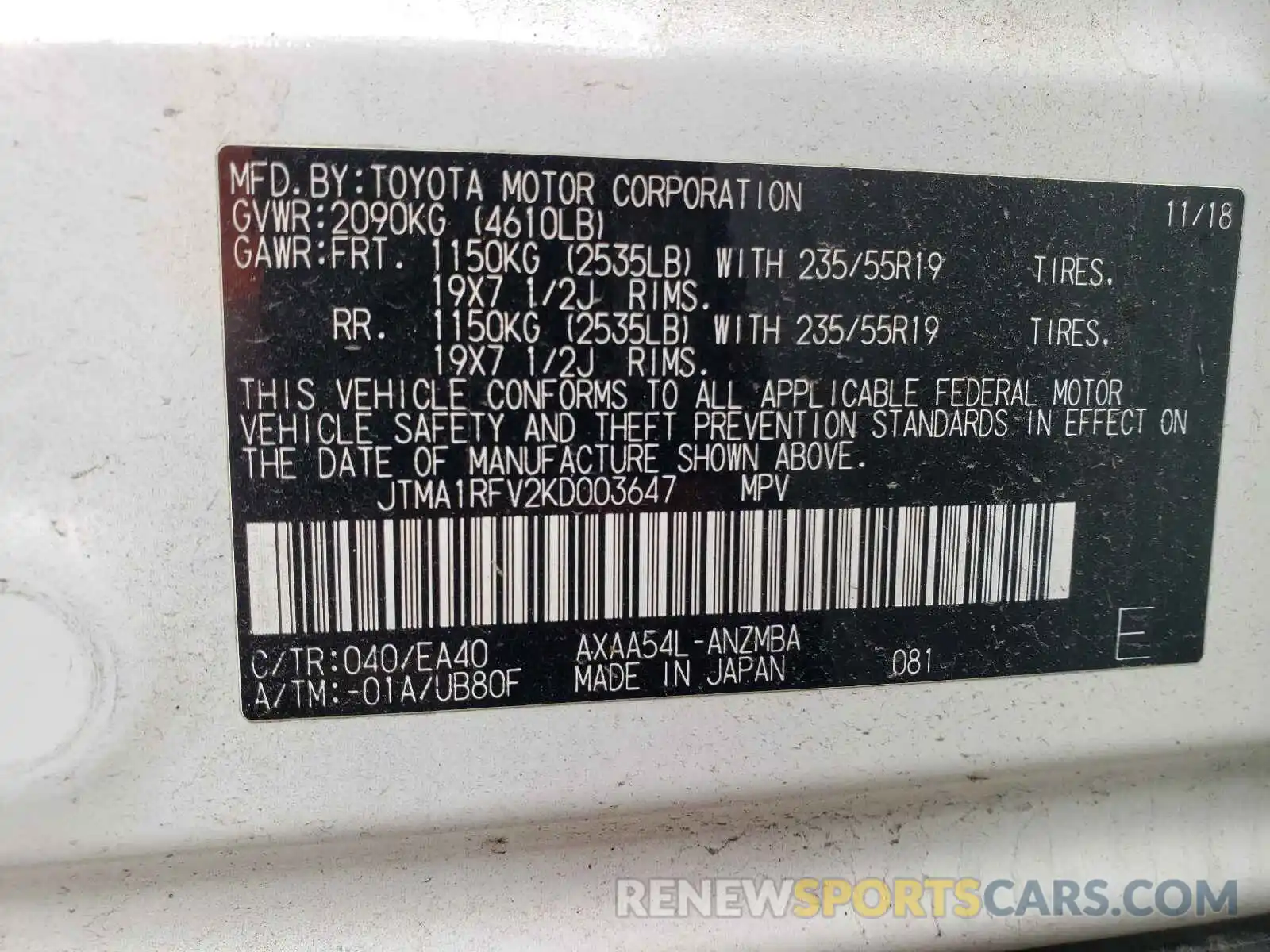 10 Фотография поврежденного автомобиля JTMA1RFV2KD003647 TOYOTA RAV4 2019