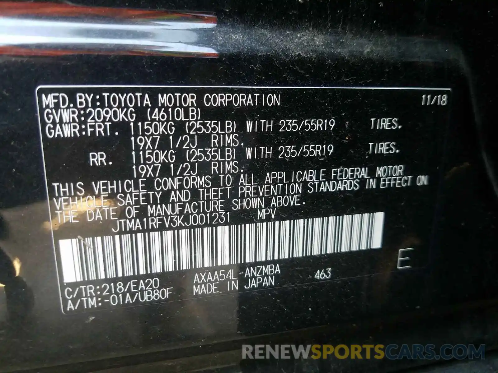 10 Фотография поврежденного автомобиля JTMA1RFV3KJ001231 TOYOTA RAV4 2019