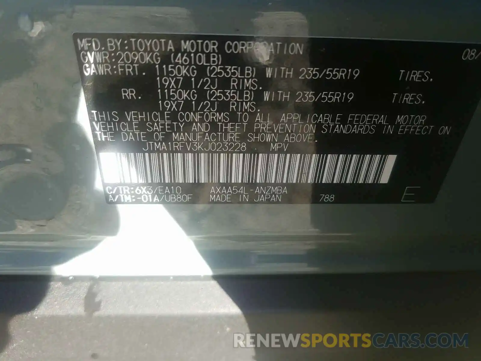 10 Photograph of a damaged car JTMA1RFV3KJ023228 TOYOTA RAV4 2019