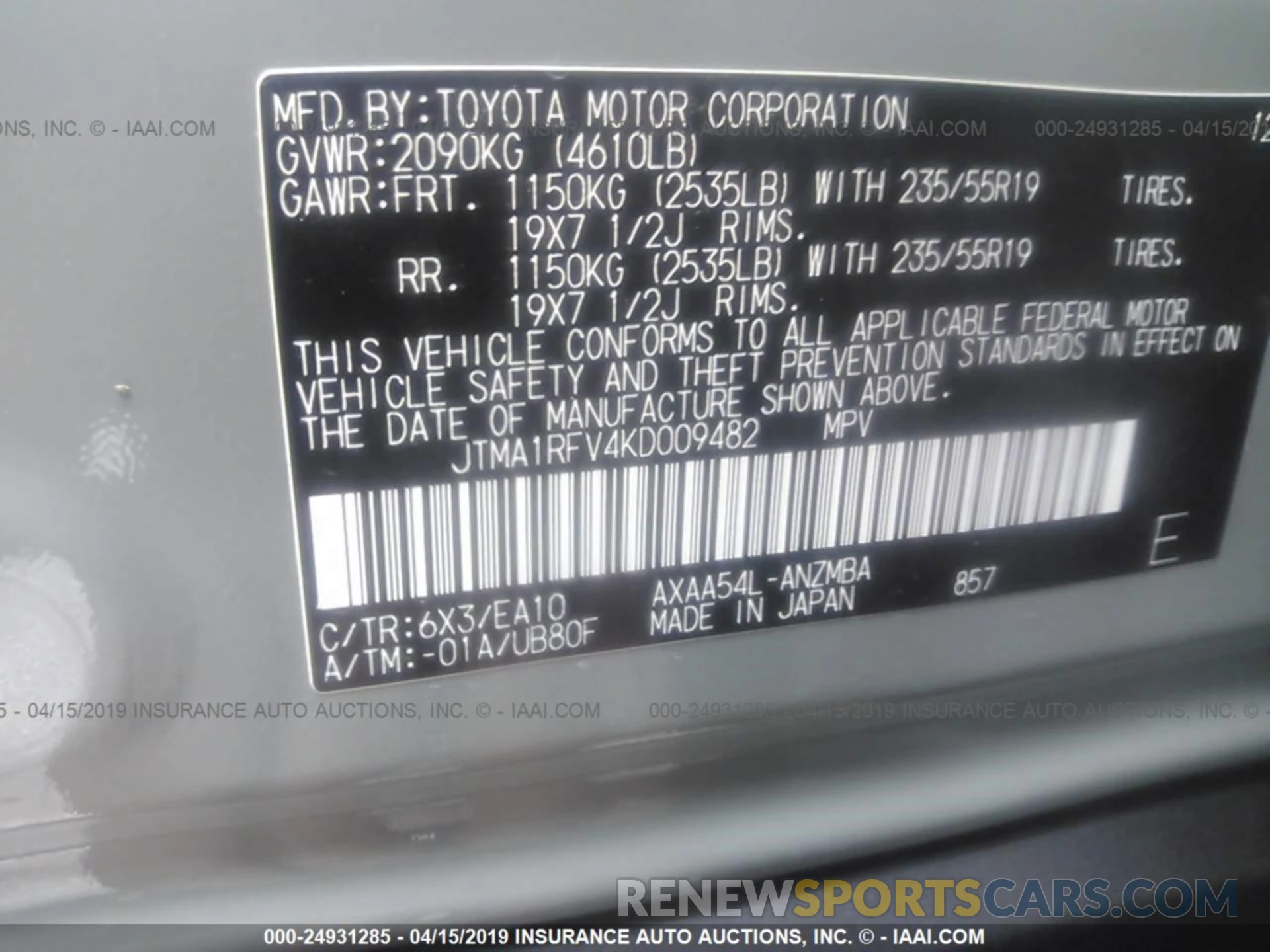 9 Photograph of a damaged car JTMA1RFV4KD009482 TOYOTA RAV4 2019