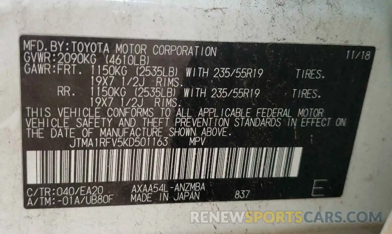 10 Photograph of a damaged car JTMA1RFV5KD501163 TOYOTA RAV4 2019