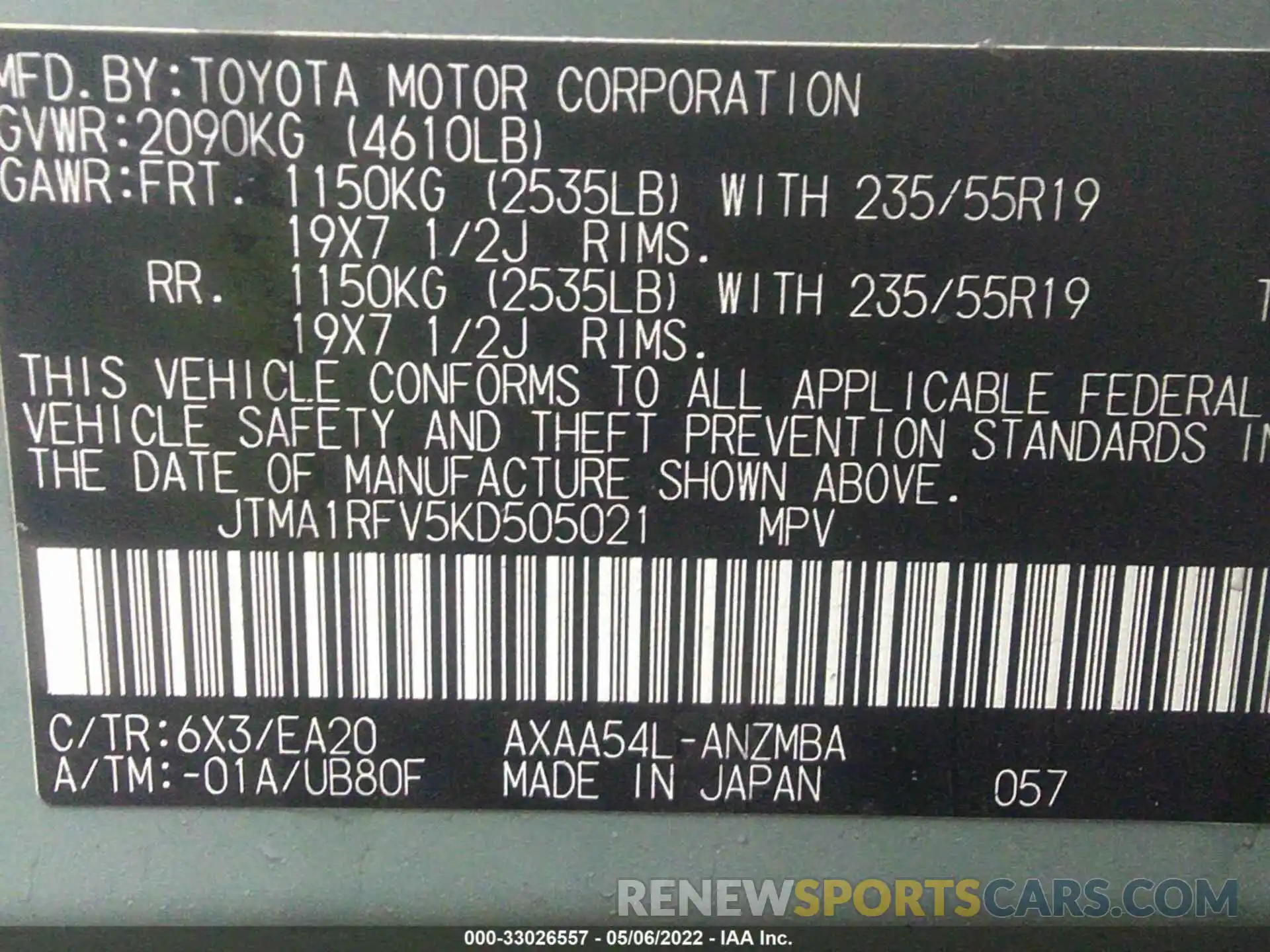 9 Фотография поврежденного автомобиля JTMA1RFV5KD505021 TOYOTA RAV4 2019