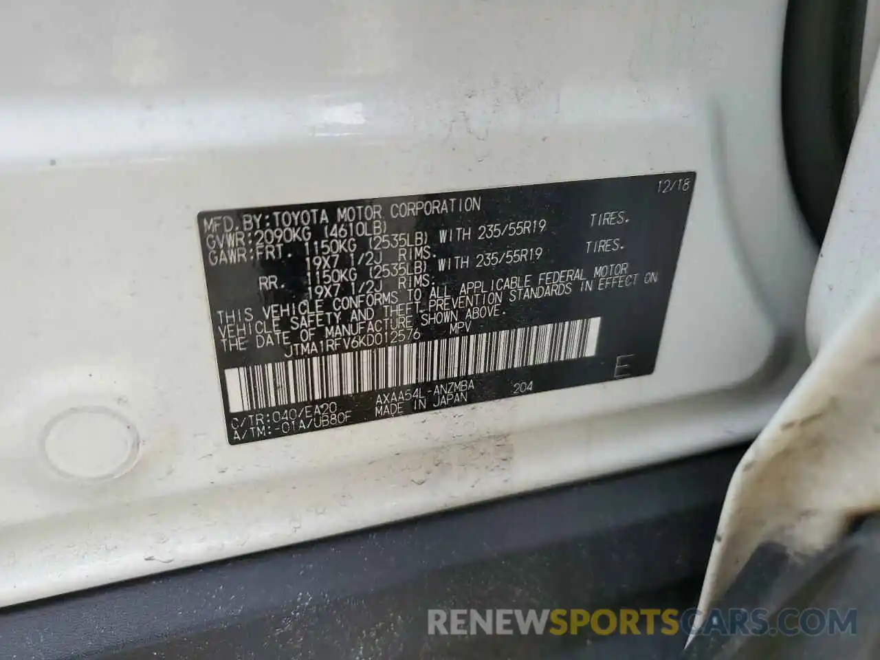 13 Photograph of a damaged car JTMA1RFV6KD012576 TOYOTA RAV4 2019