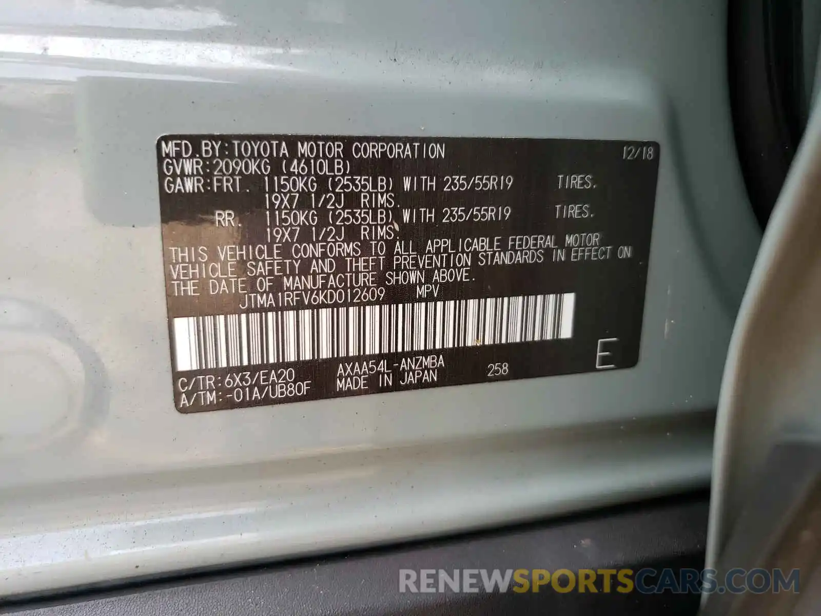 10 Photograph of a damaged car JTMA1RFV6KD012609 TOYOTA RAV4 2019