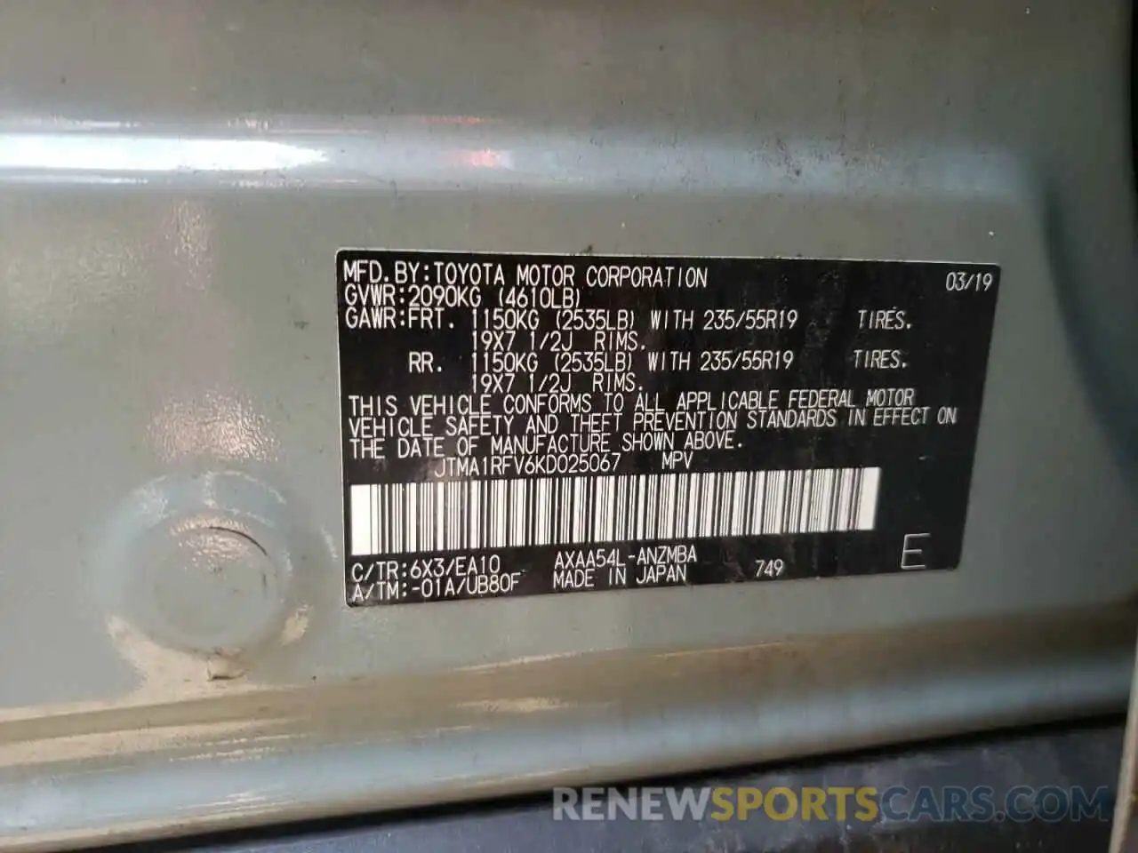 10 Photograph of a damaged car JTMA1RFV6KD025067 TOYOTA RAV4 2019