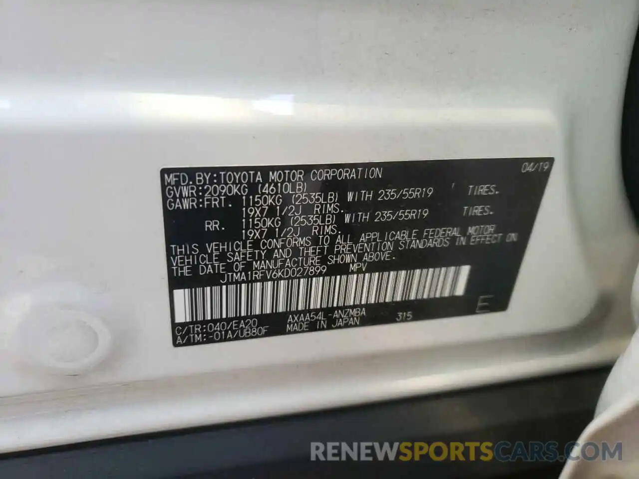 10 Photograph of a damaged car JTMA1RFV6KD027899 TOYOTA RAV4 2019