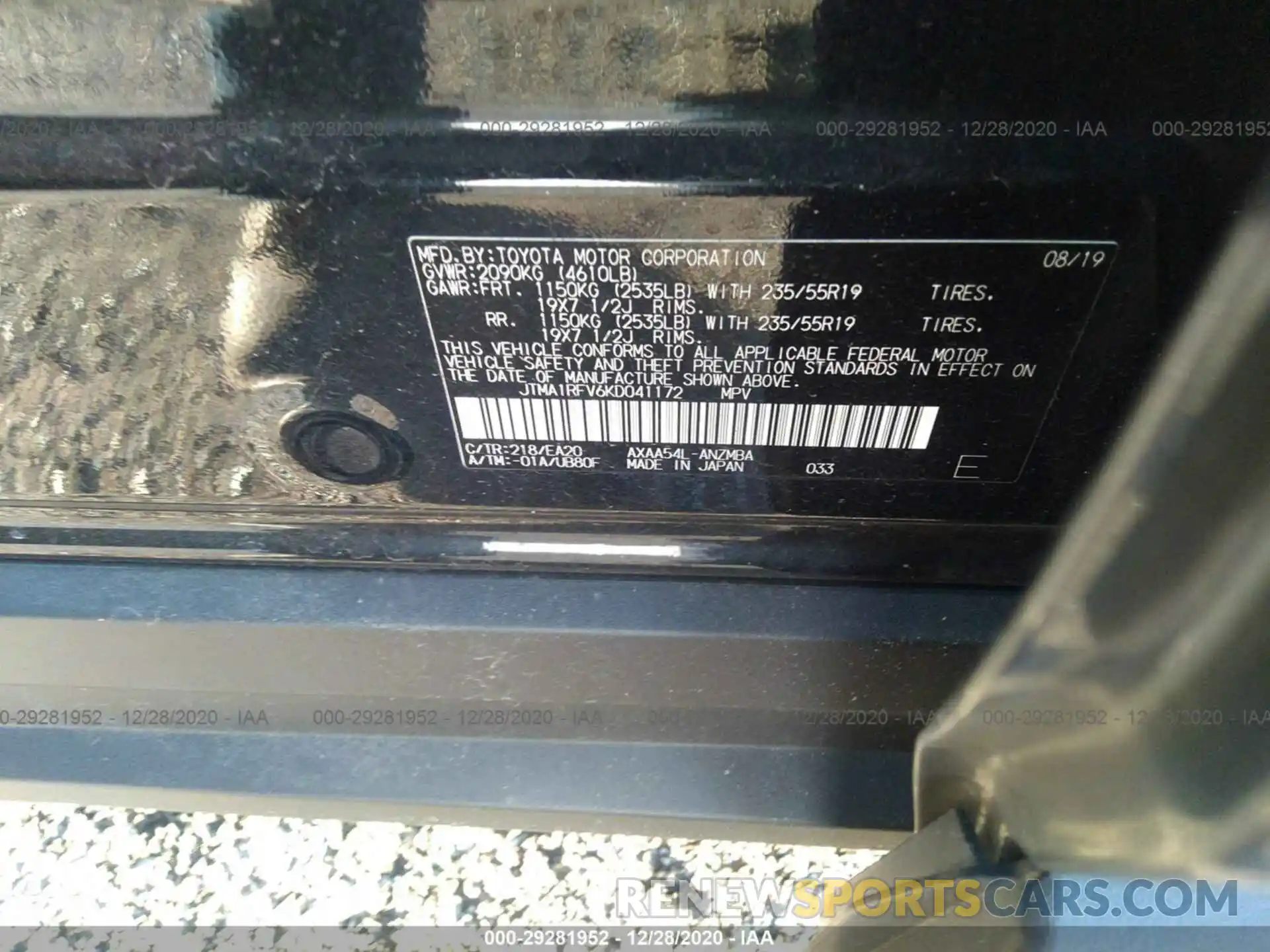 9 Фотография поврежденного автомобиля JTMA1RFV6KD041172 TOYOTA RAV4 2019