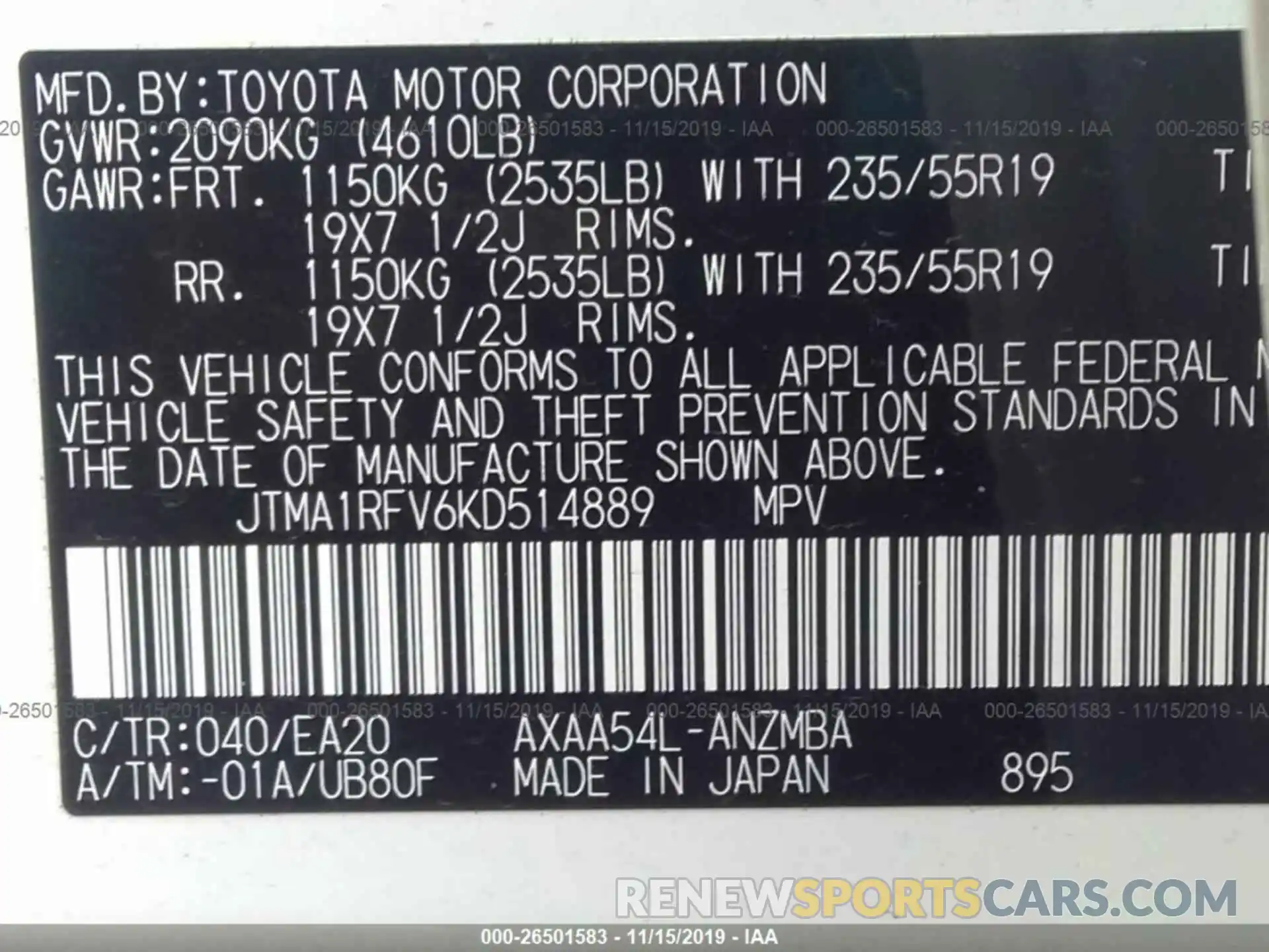 9 Фотография поврежденного автомобиля JTMA1RFV6KD514889 TOYOTA RAV4 2019