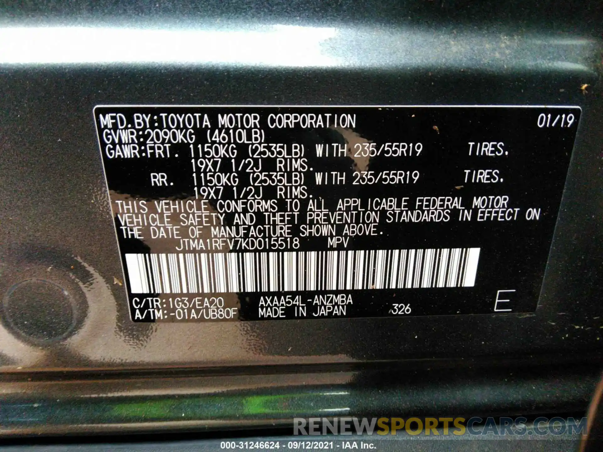 9 Фотография поврежденного автомобиля JTMA1RFV7KD015518 TOYOTA RAV4 2019