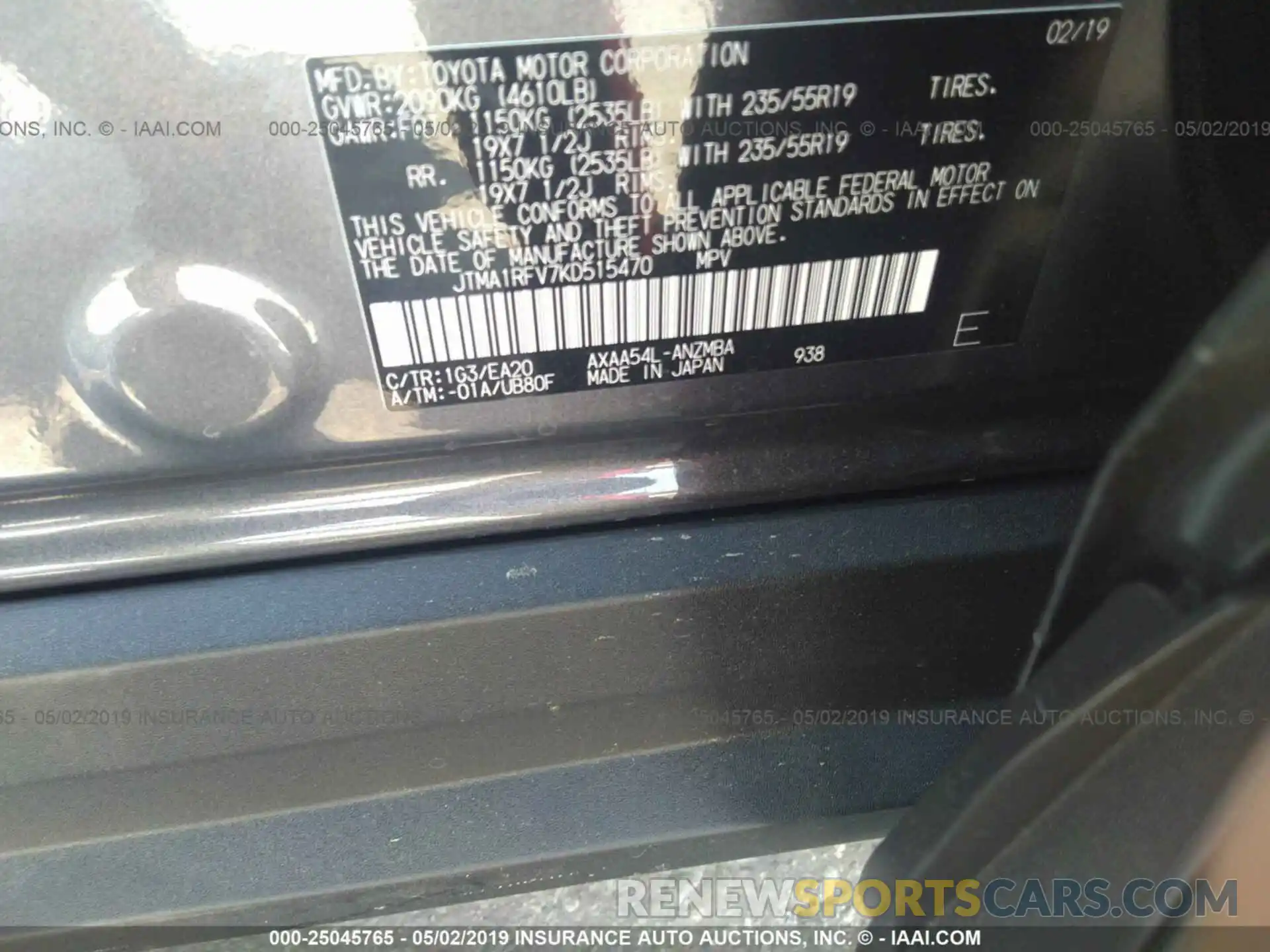 9 Photograph of a damaged car JTMA1RFV7KD515470 TOYOTA RAV4 2019