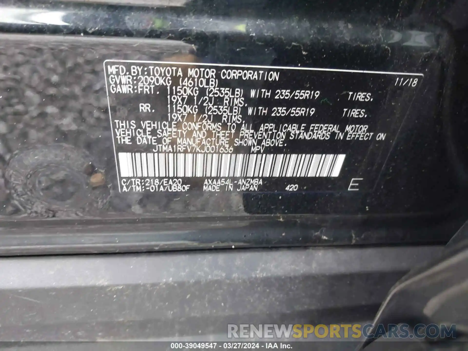 9 Photograph of a damaged car JTMA1RFV7KJ001636 TOYOTA RAV4 2019