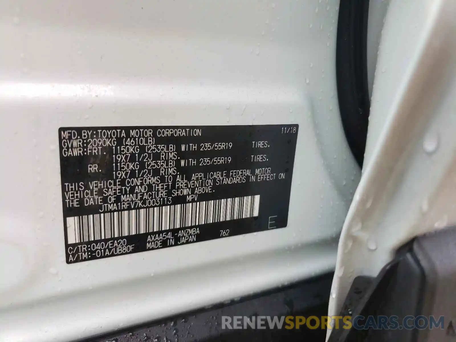 10 Photograph of a damaged car JTMA1RFV7KJ003113 TOYOTA RAV4 2019