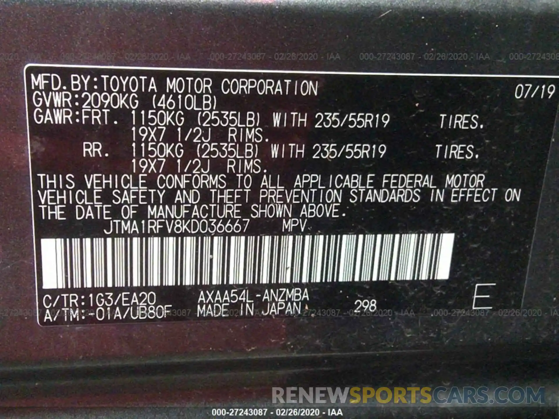 9 Фотография поврежденного автомобиля JTMA1RFV8KD036667 TOYOTA RAV4 2019