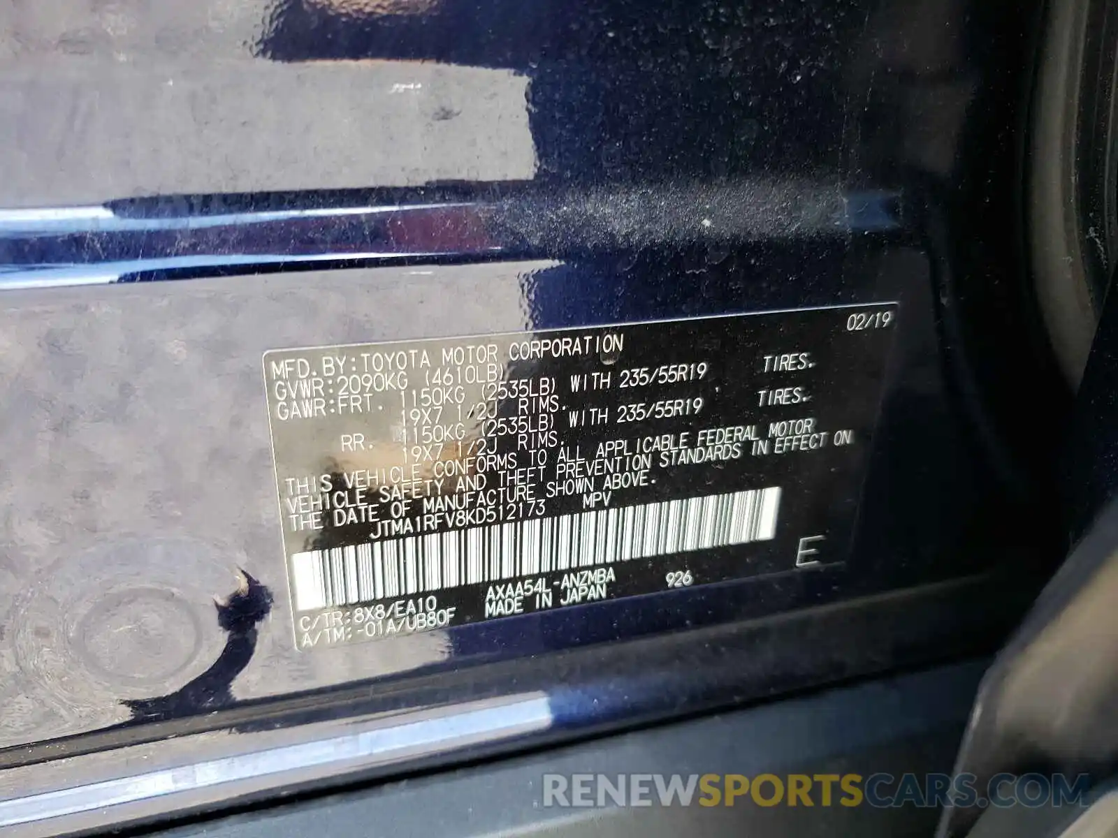 10 Photograph of a damaged car JTMA1RFV8KD512173 TOYOTA RAV4 2019