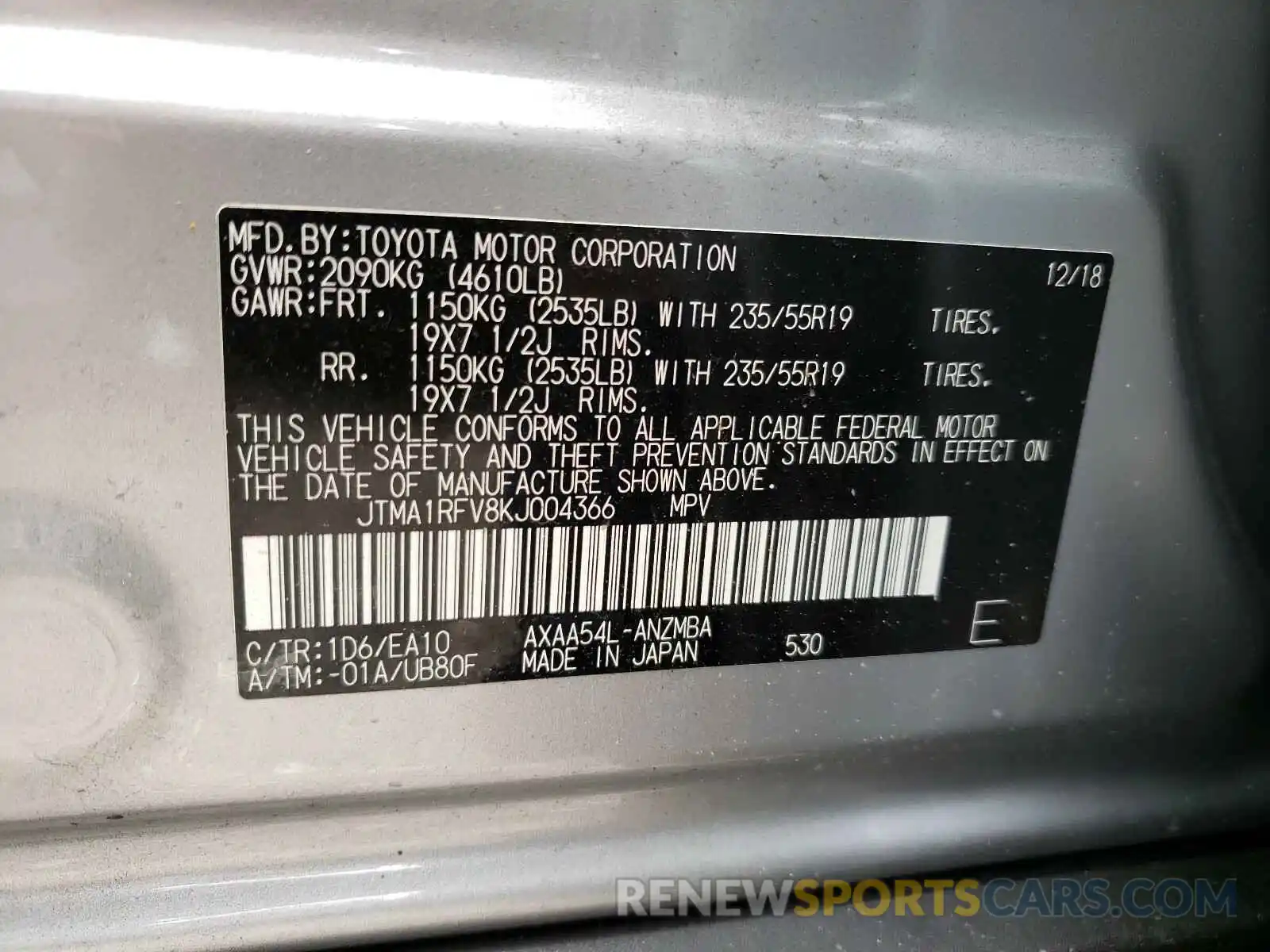 10 Photograph of a damaged car JTMA1RFV8KJ004366 TOYOTA RAV4 2019