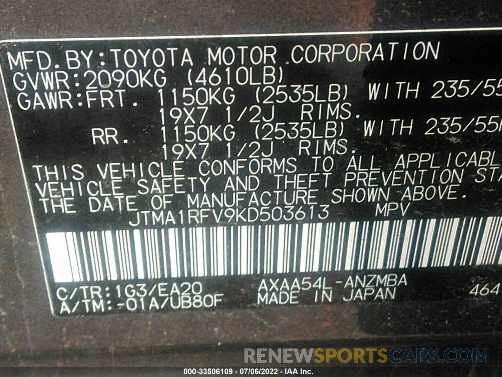 9 Фотография поврежденного автомобиля JTMA1RFV9KD503613 TOYOTA RAV4 2019