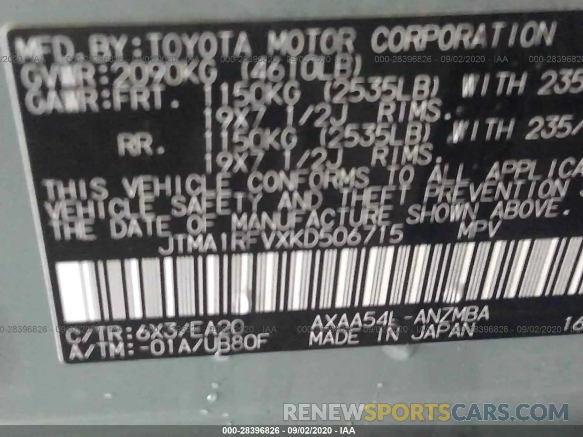 9 Photograph of a damaged car JTMA1RFVXKD506715 TOYOTA RAV4 2019