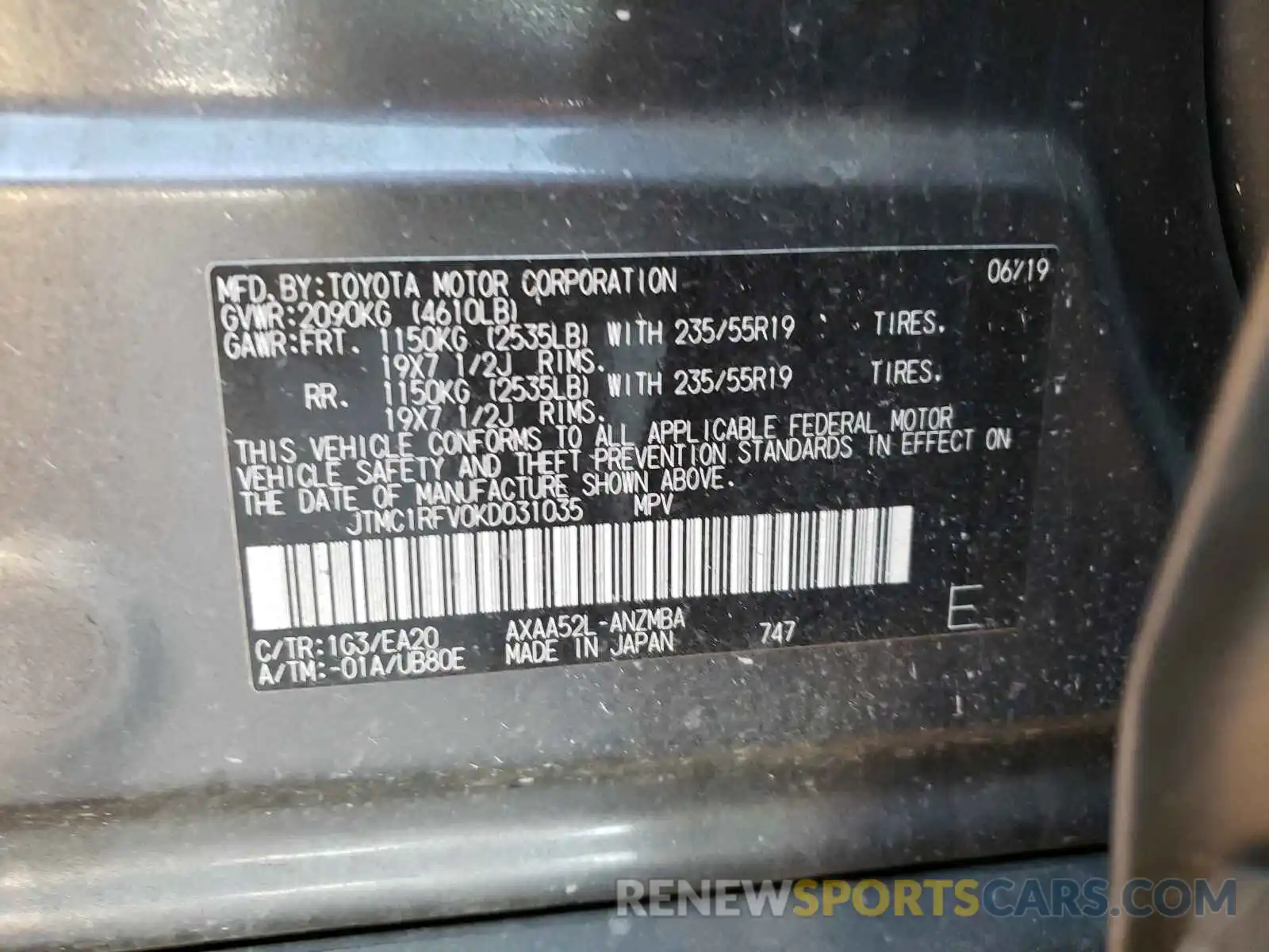 10 Photograph of a damaged car JTMC1RFV0KD031035 TOYOTA RAV4 2019