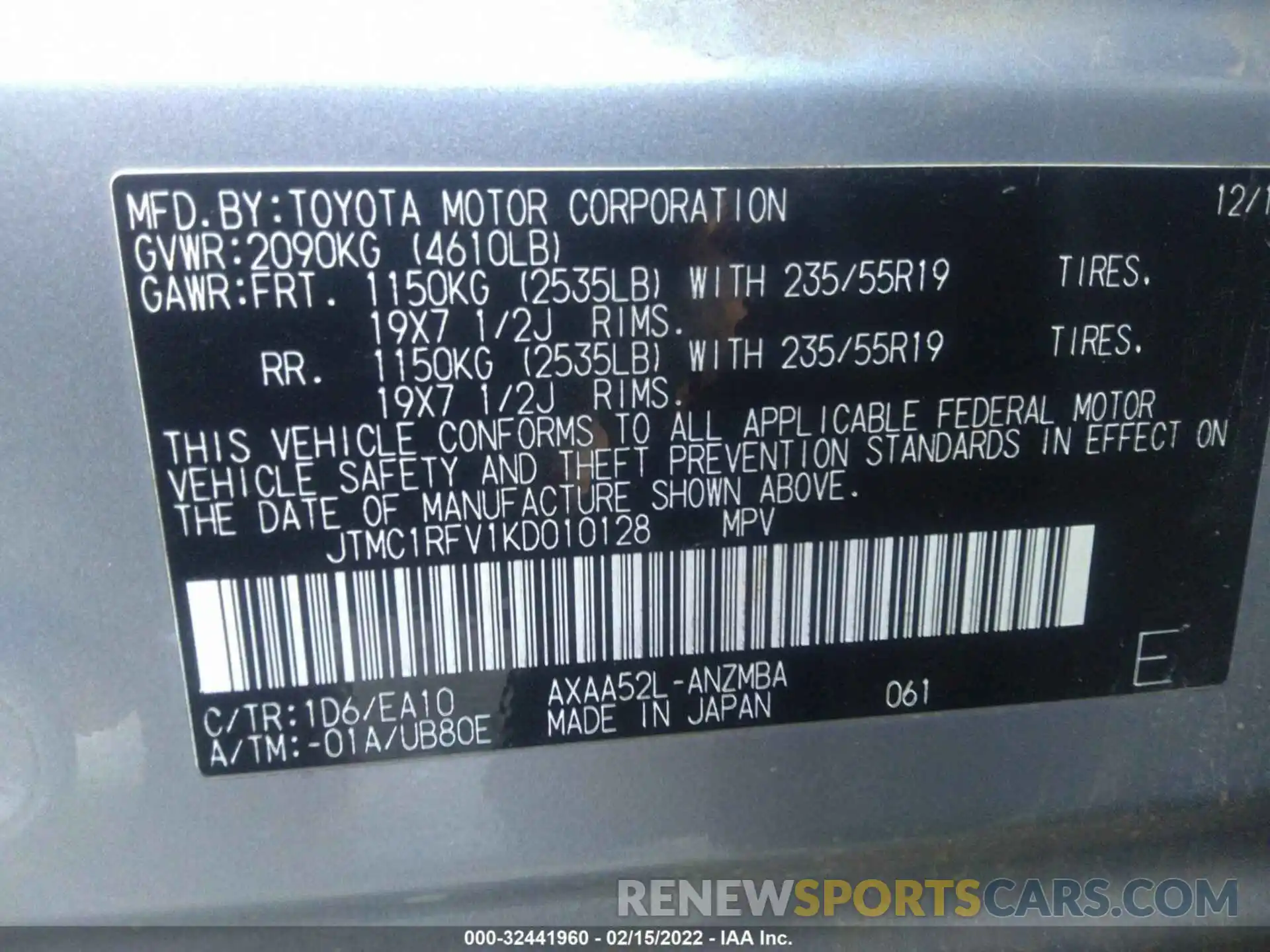 9 Фотография поврежденного автомобиля JTMC1RFV1KD010128 TOYOTA RAV4 2019