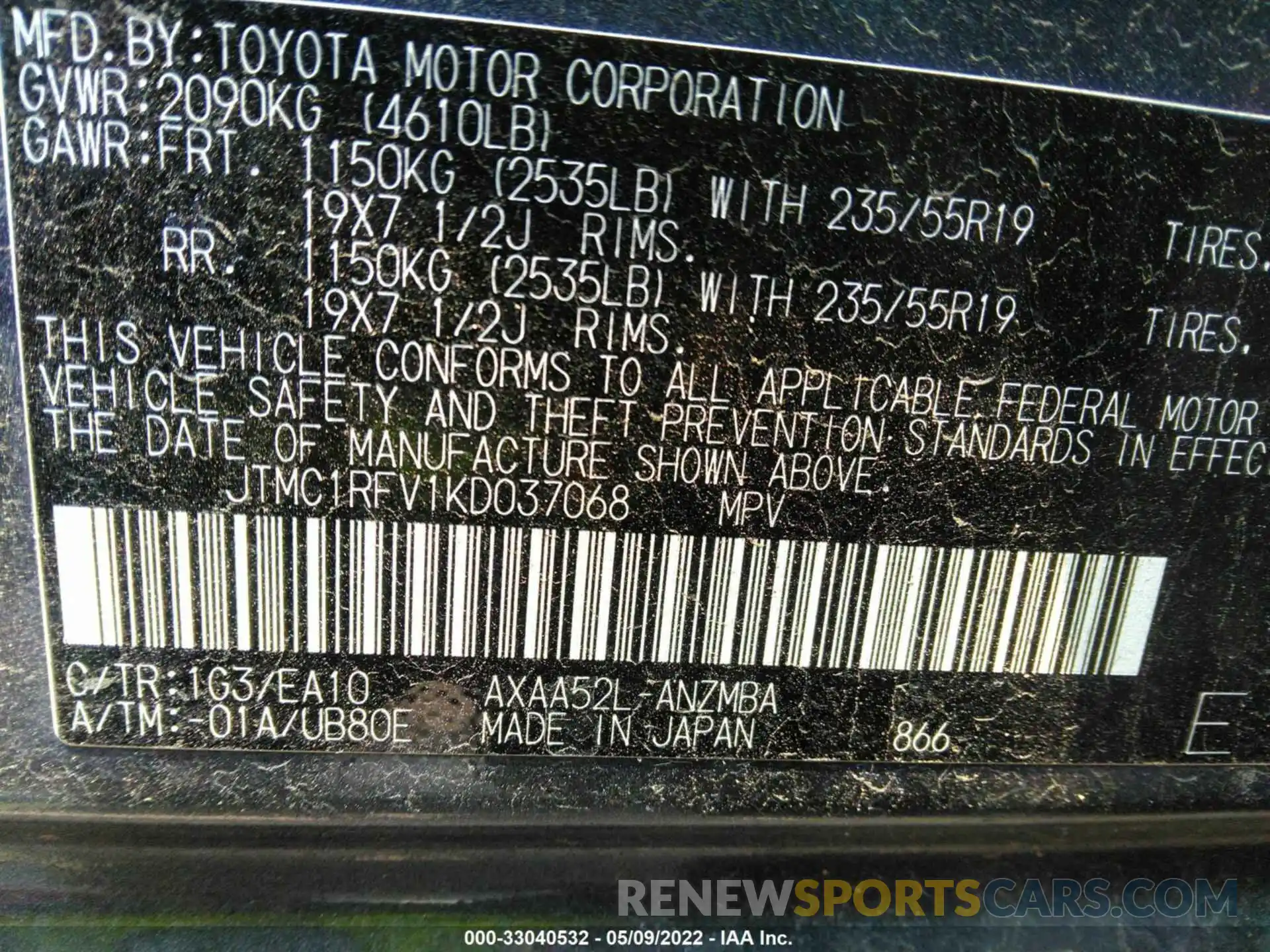 9 Фотография поврежденного автомобиля JTMC1RFV1KD037068 TOYOTA RAV4 2019