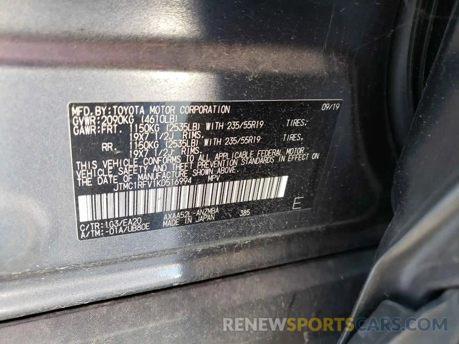 10 Photograph of a damaged car JTMC1RFV1KD516994 TOYOTA RAV4 2019