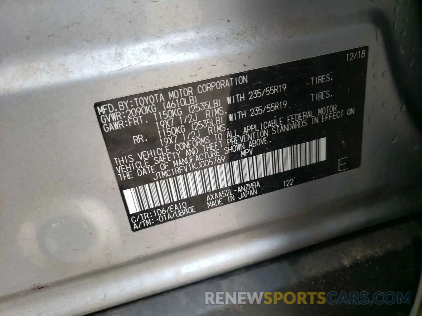 10 Photograph of a damaged car JTMC1RFV1KJ005769 TOYOTA RAV4 2019