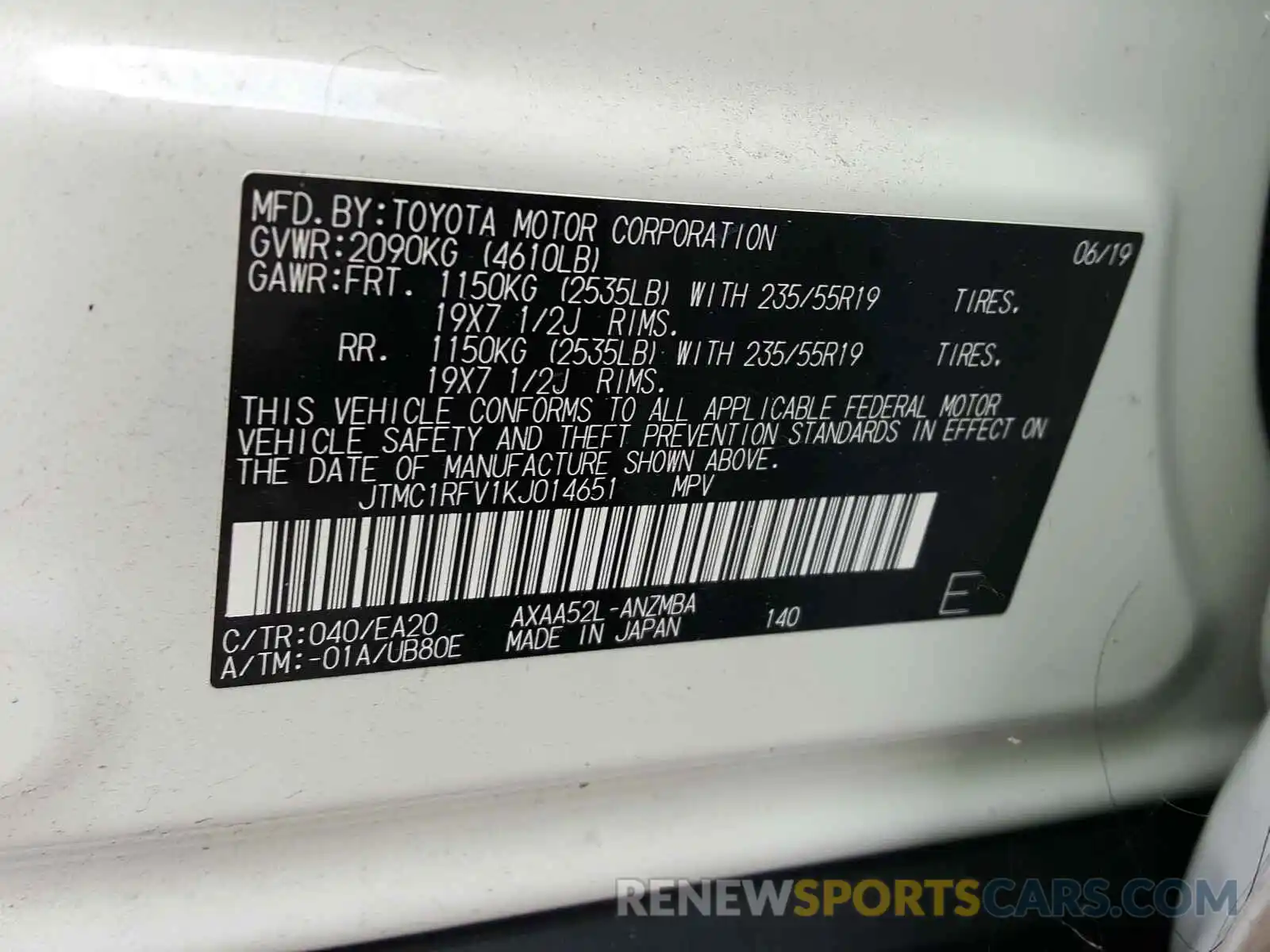 10 Фотография поврежденного автомобиля JTMC1RFV1KJ014651 TOYOTA RAV4 2019