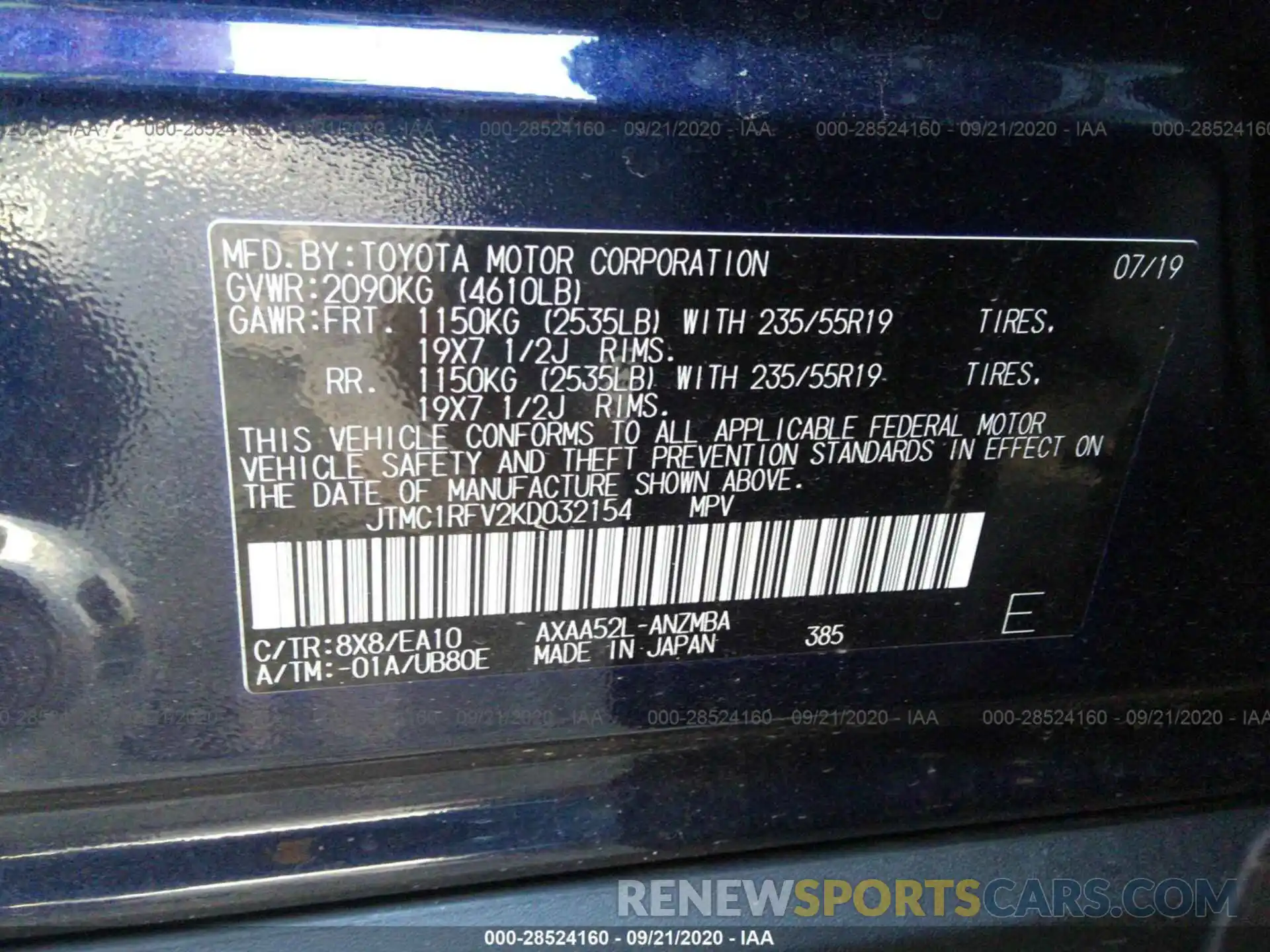 9 Фотография поврежденного автомобиля JTMC1RFV2KD032154 TOYOTA RAV4 2019