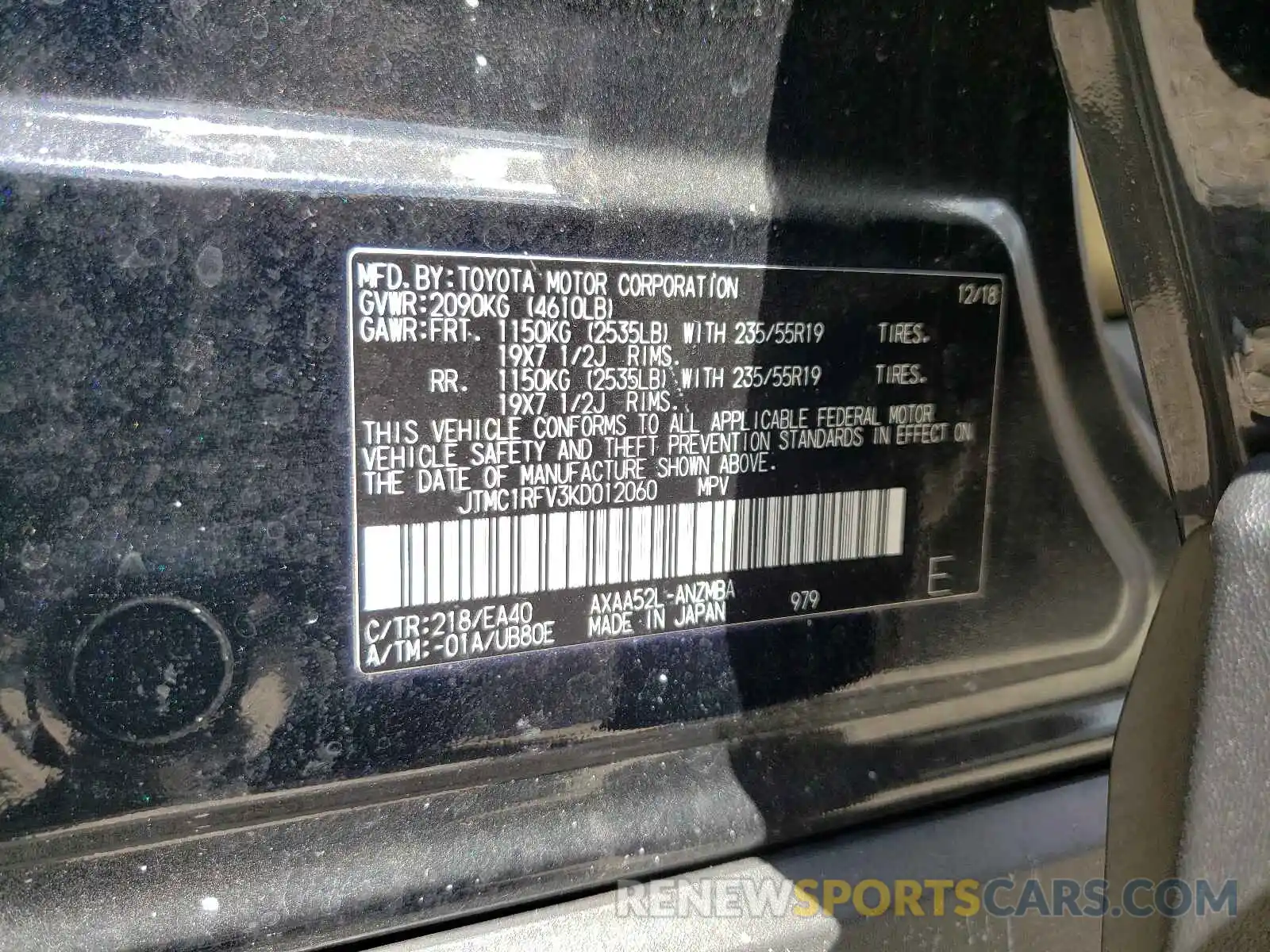 10 Photograph of a damaged car JTMC1RFV3KD012060 TOYOTA RAV4 2019