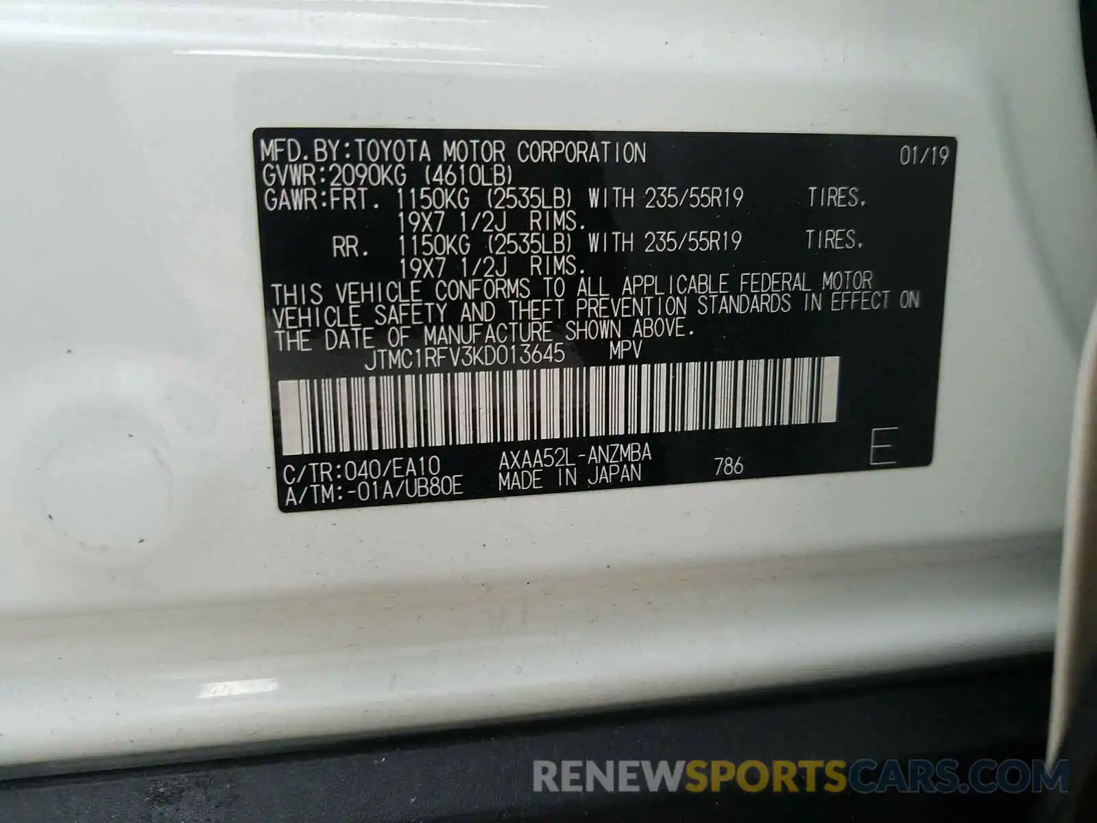 10 Фотография поврежденного автомобиля JTMC1RFV3KD013645 TOYOTA RAV4 2019