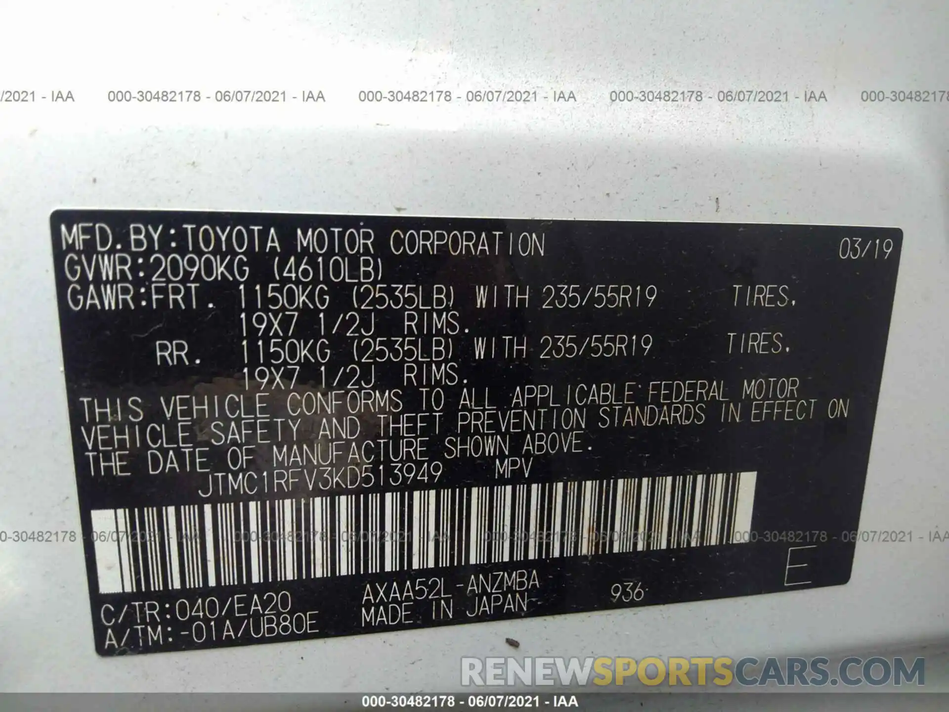 9 Фотография поврежденного автомобиля JTMC1RFV3KD513949 TOYOTA RAV4 2019