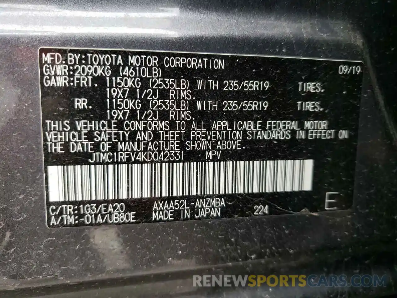 10 Фотография поврежденного автомобиля JTMC1RFV4KD042331 TOYOTA RAV4 2019