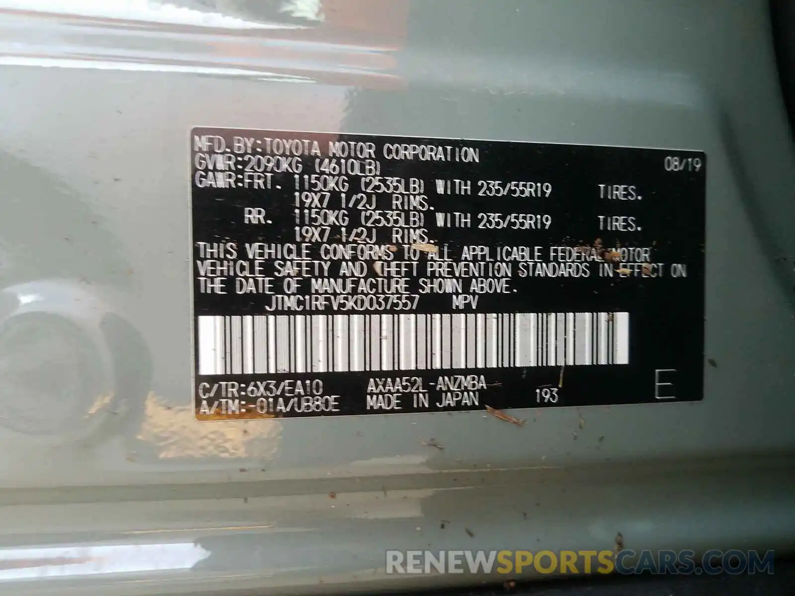 10 Photograph of a damaged car JTMC1RFV5KD037557 TOYOTA RAV4 2019