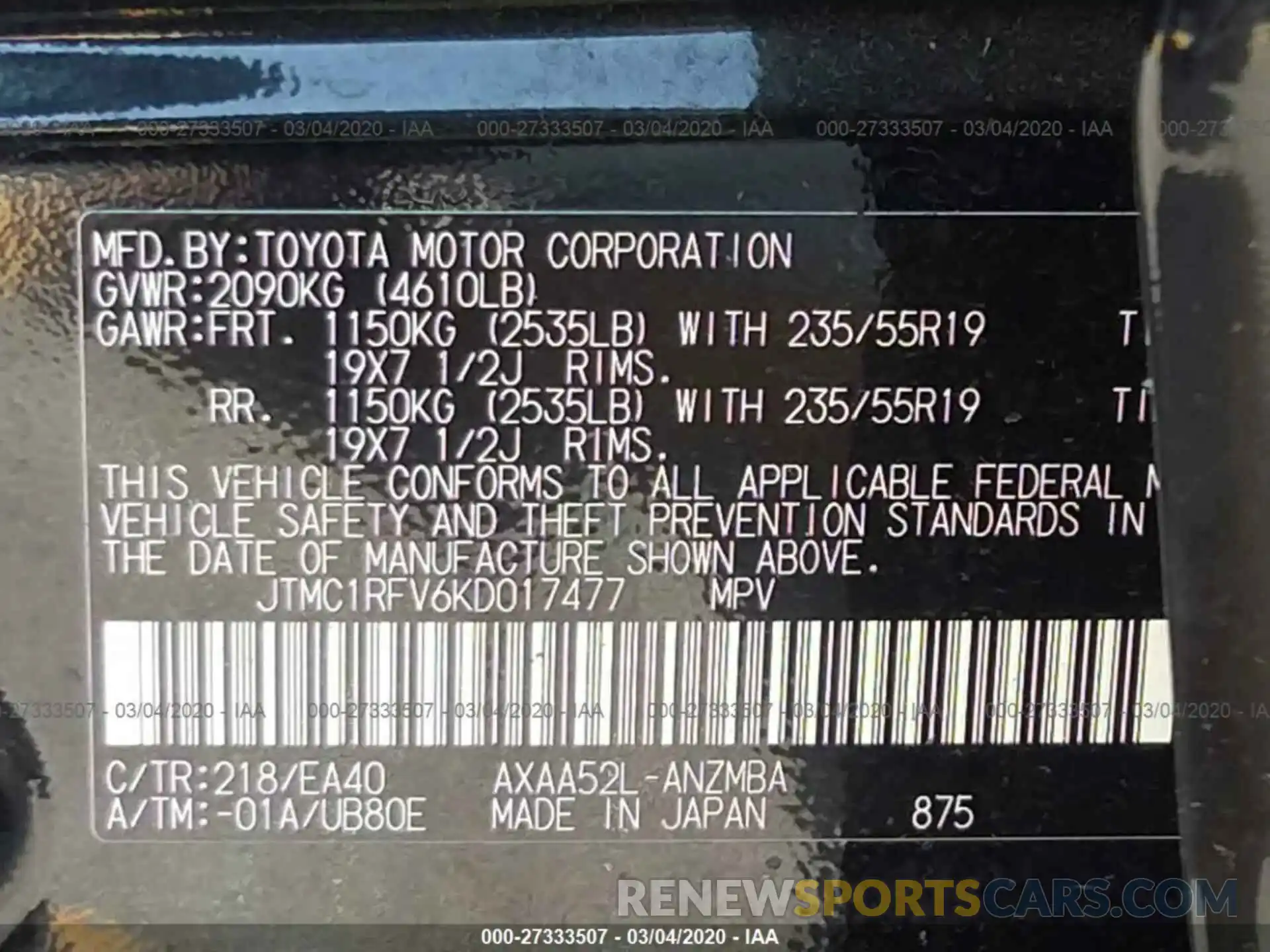 9 Фотография поврежденного автомобиля JTMC1RFV6KD017477 TOYOTA RAV4 2019