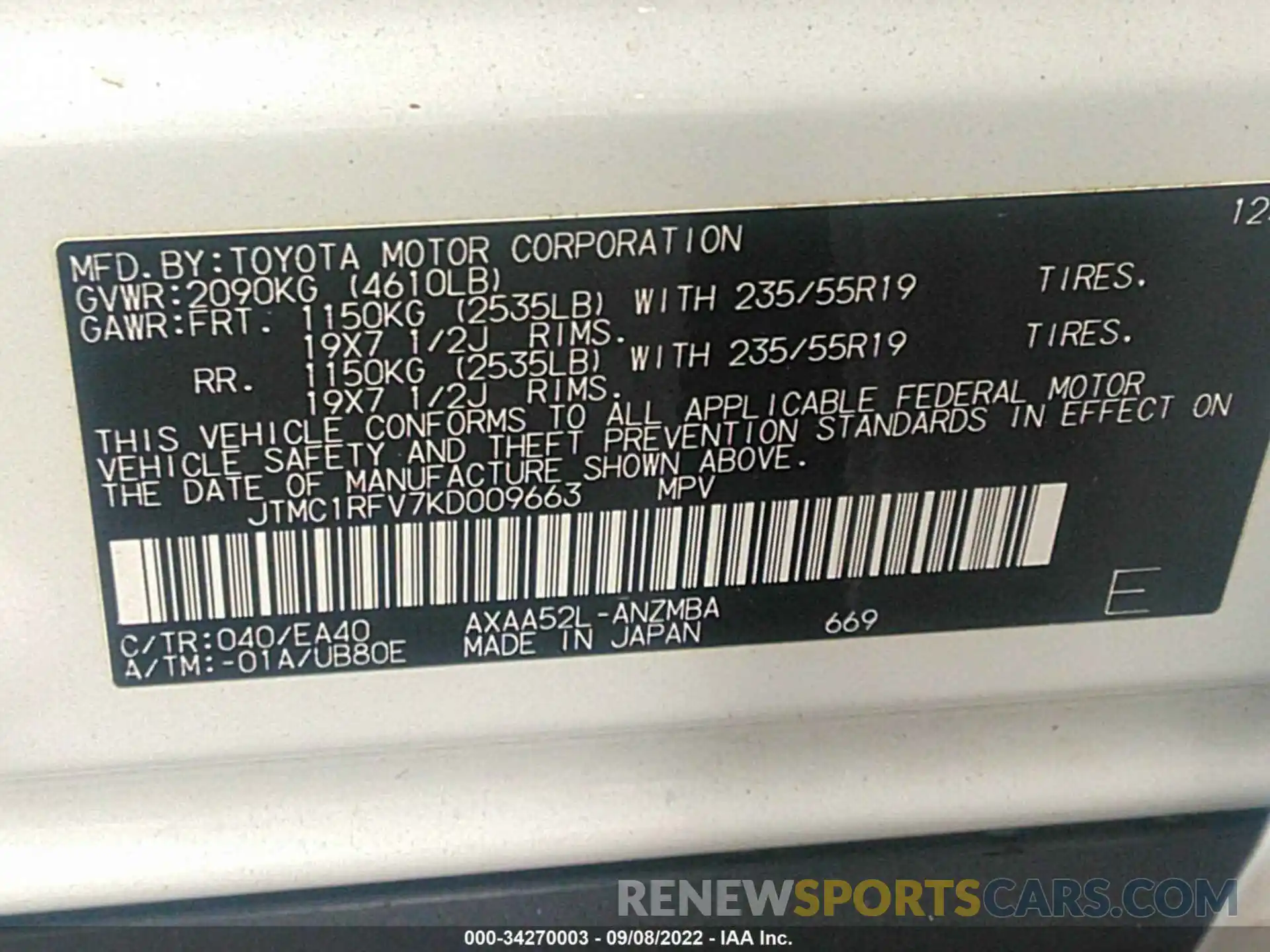 9 Фотография поврежденного автомобиля JTMC1RFV7KD009663 TOYOTA RAV4 2019