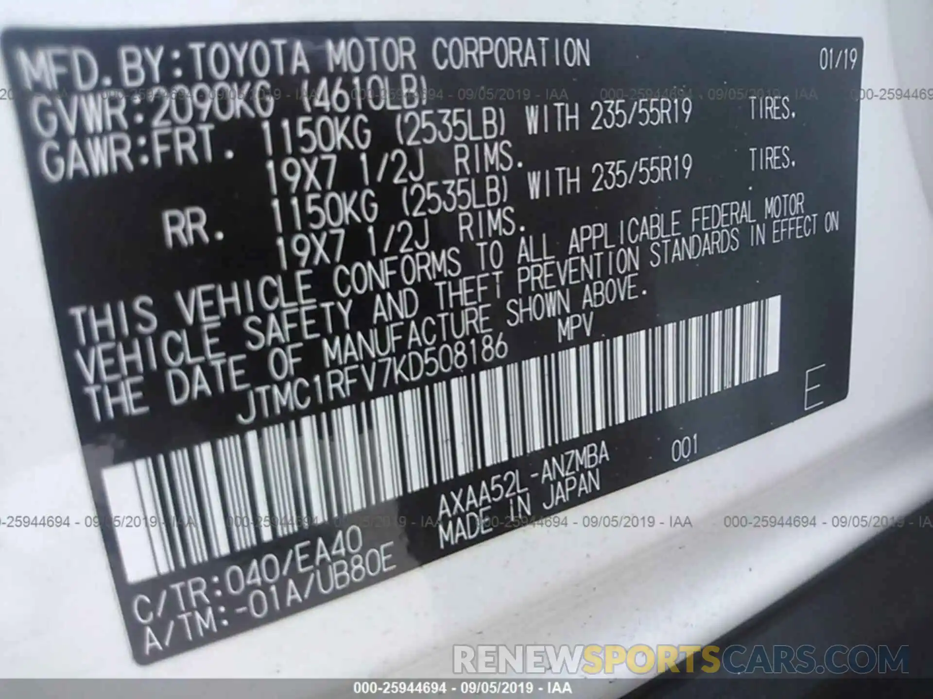 9 Фотография поврежденного автомобиля JTMC1RFV7KD508186 TOYOTA RAV4 2019