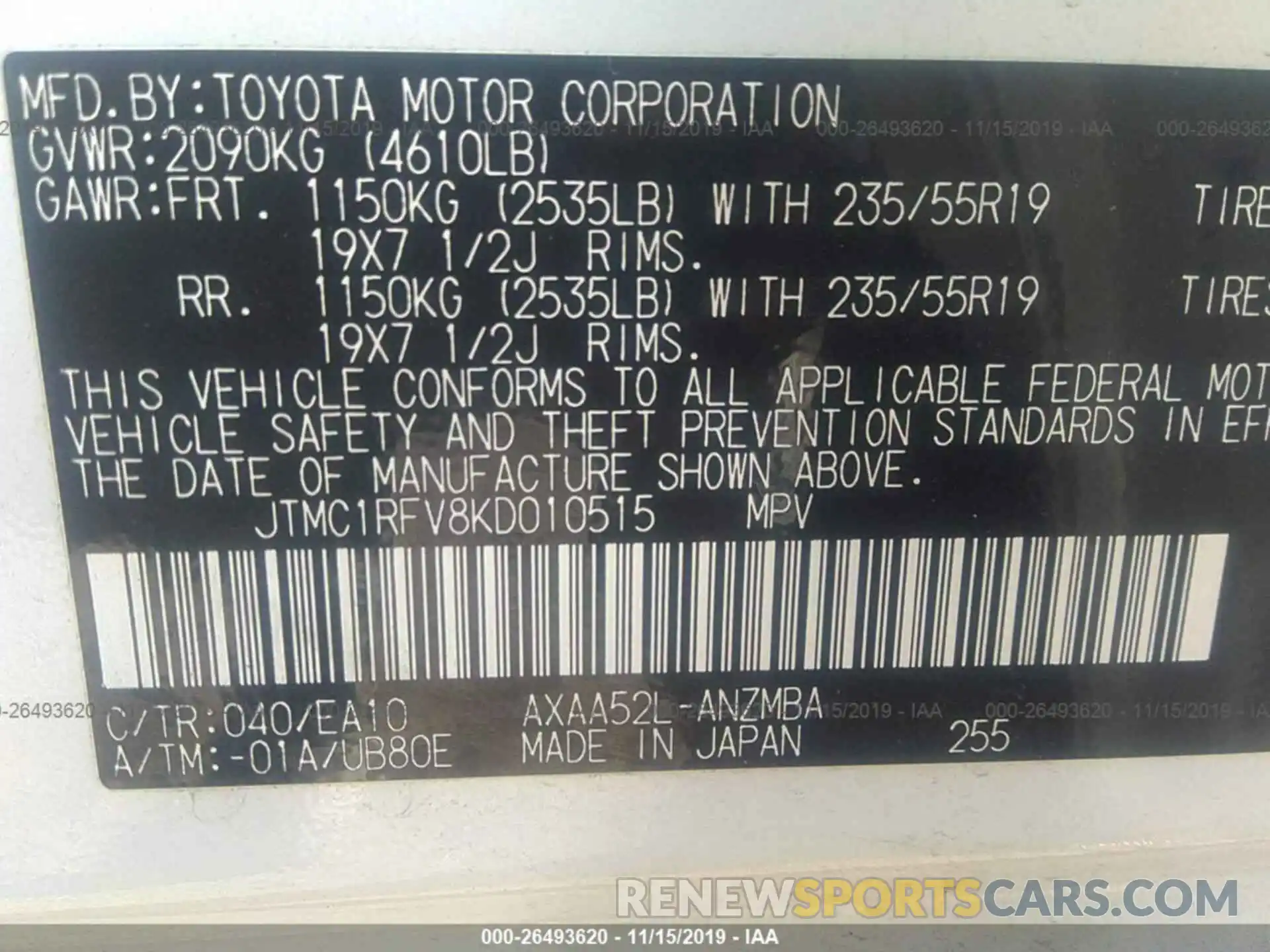 9 Фотография поврежденного автомобиля JTMC1RFV8KD010515 TOYOTA RAV4 2019