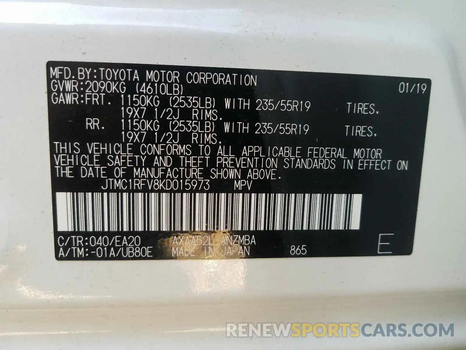 9 Фотография поврежденного автомобиля JTMC1RFV8KD015973 TOYOTA RAV4 2019