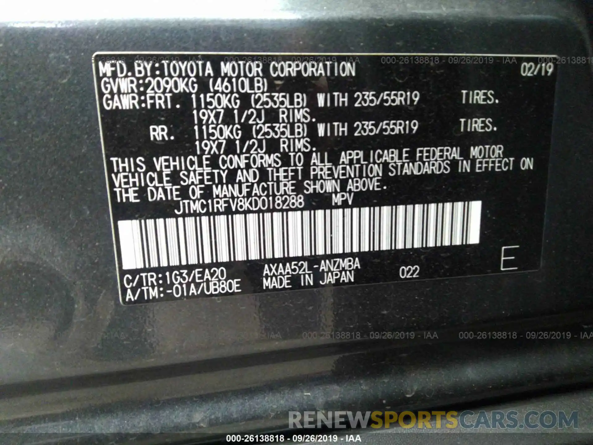 9 Фотография поврежденного автомобиля JTMC1RFV8KD018288 TOYOTA RAV4 2019