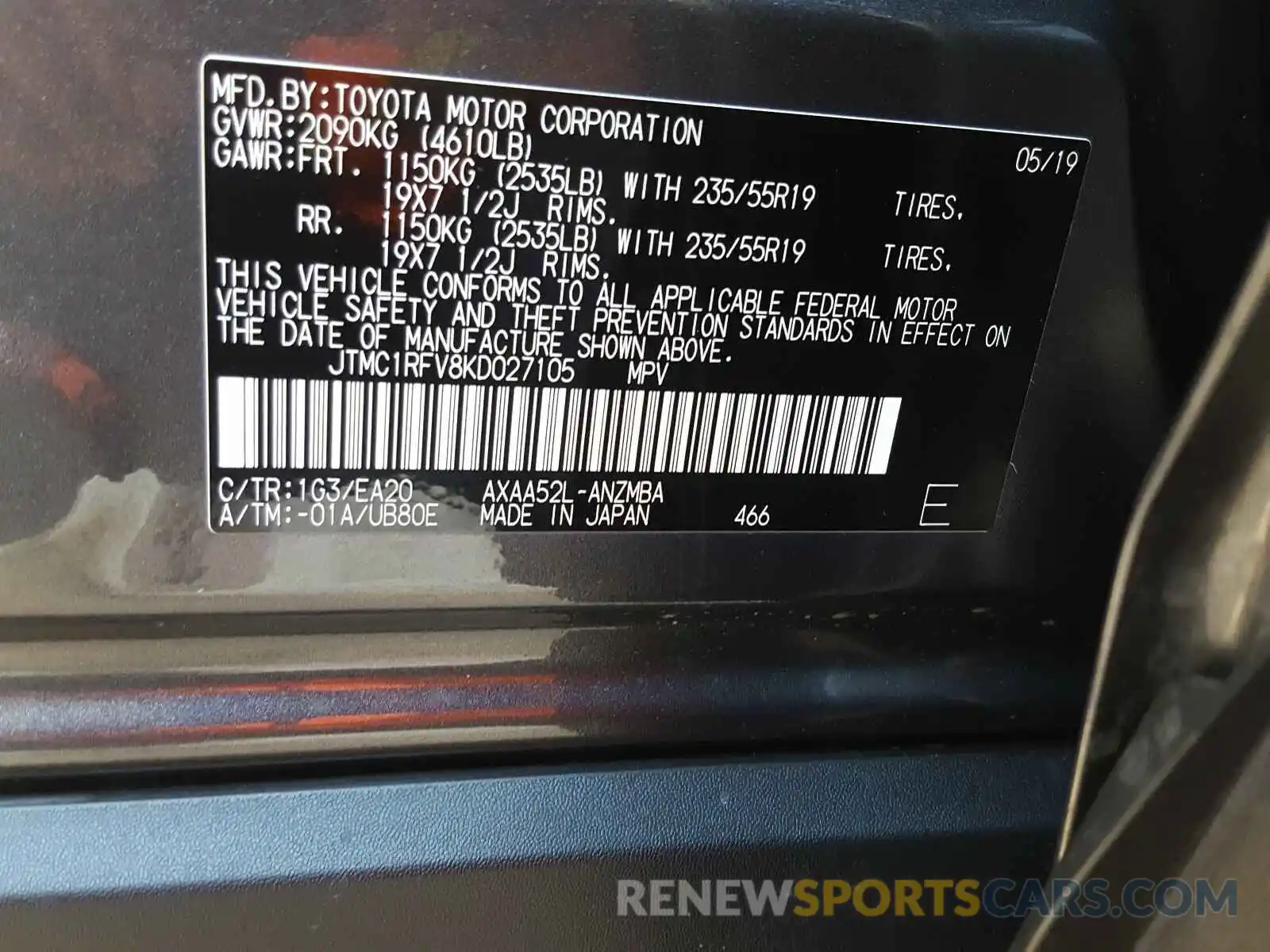 10 Фотография поврежденного автомобиля JTMC1RFV8KD027105 TOYOTA RAV4 2019