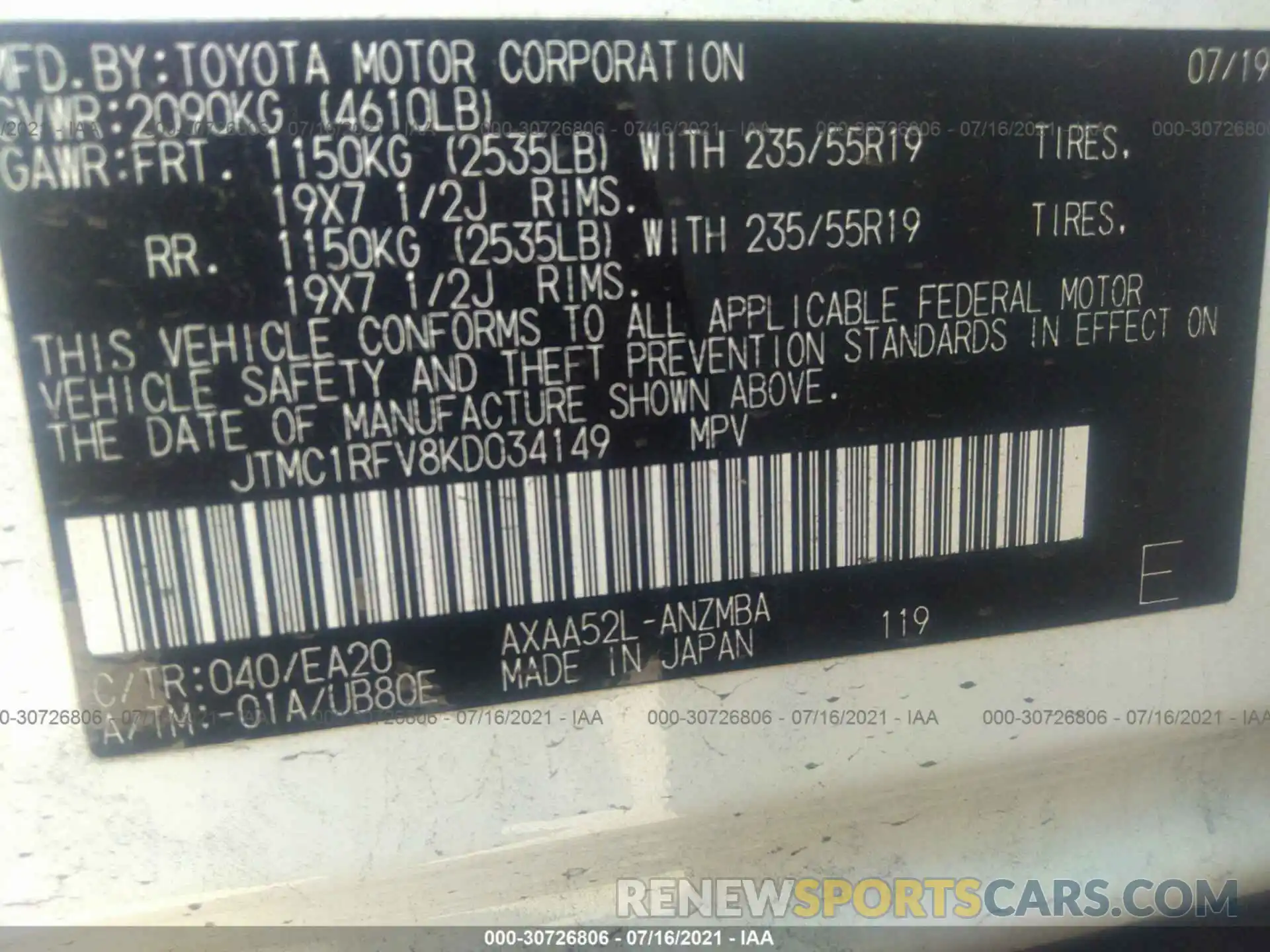 9 Фотография поврежденного автомобиля JTMC1RFV8KD034149 TOYOTA RAV4 2019