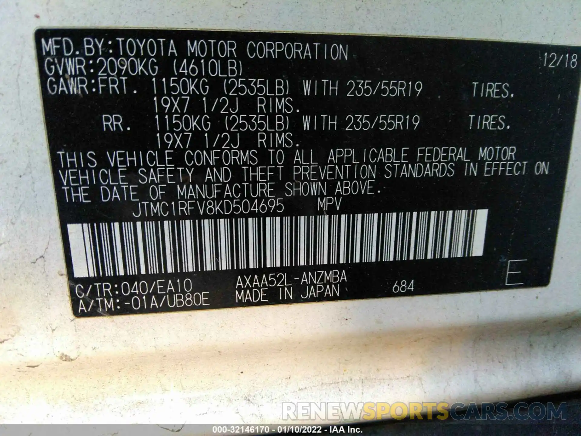 9 Фотография поврежденного автомобиля JTMC1RFV8KD504695 TOYOTA RAV4 2019