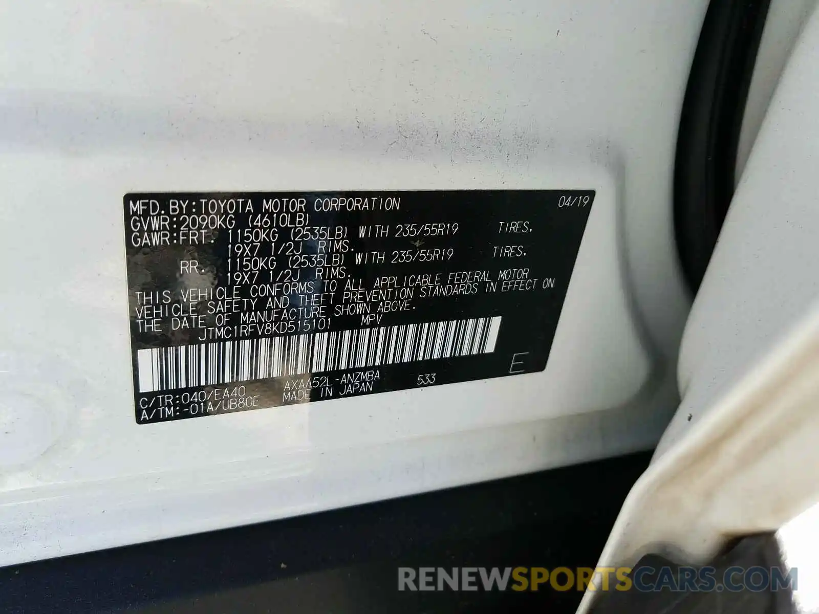 10 Photograph of a damaged car JTMC1RFV8KD515101 TOYOTA RAV4 2019