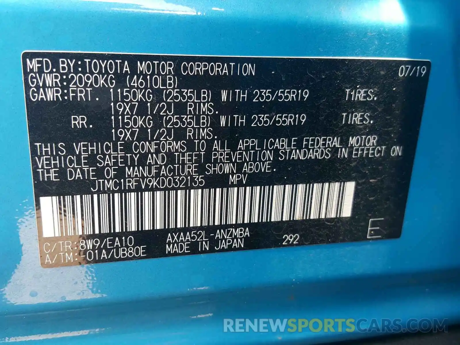 10 Фотография поврежденного автомобиля JTMC1RFV9KD032135 TOYOTA RAV4 2019