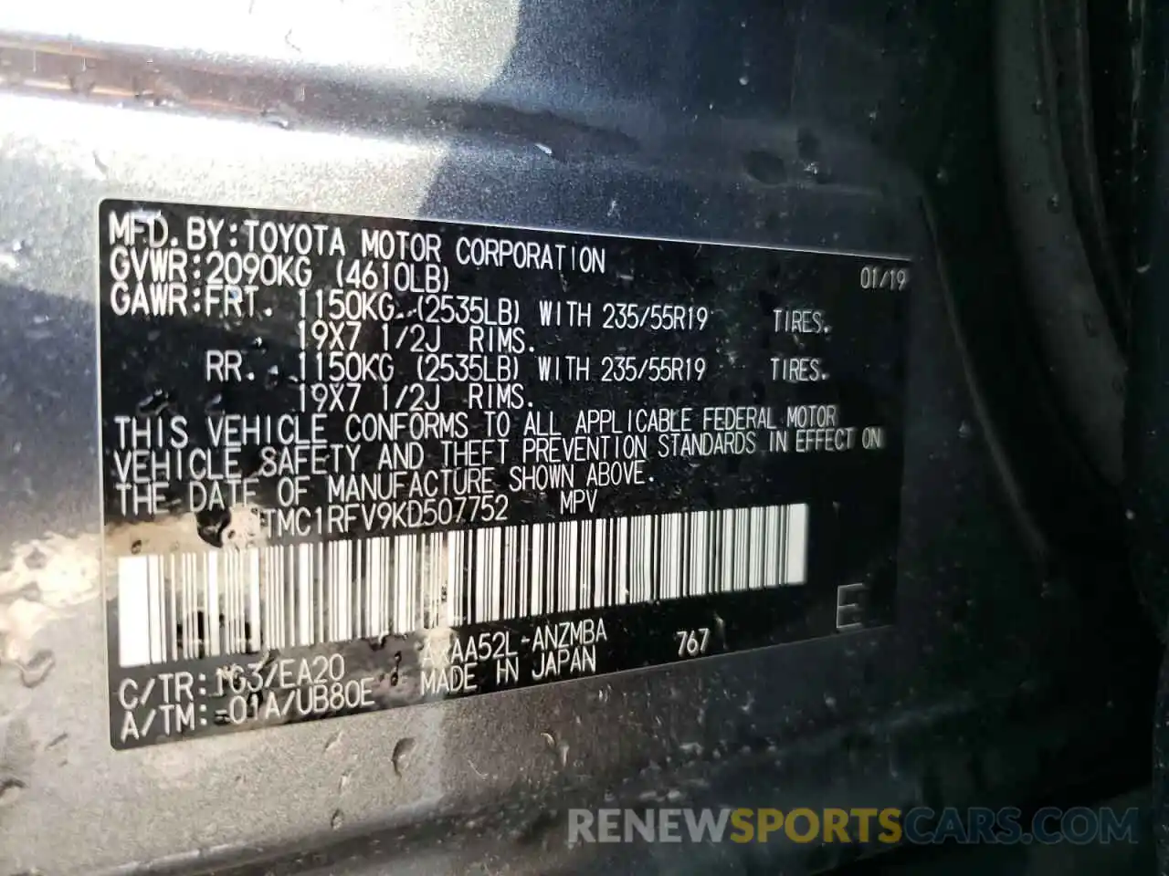 10 Photograph of a damaged car JTMC1RFV9KD507752 TOYOTA RAV4 2019