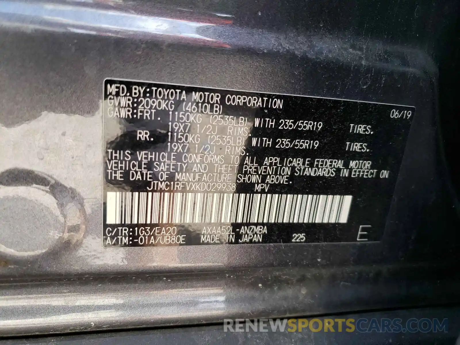 10 Photograph of a damaged car JTMC1RFVXKD029938 TOYOTA RAV4 2019