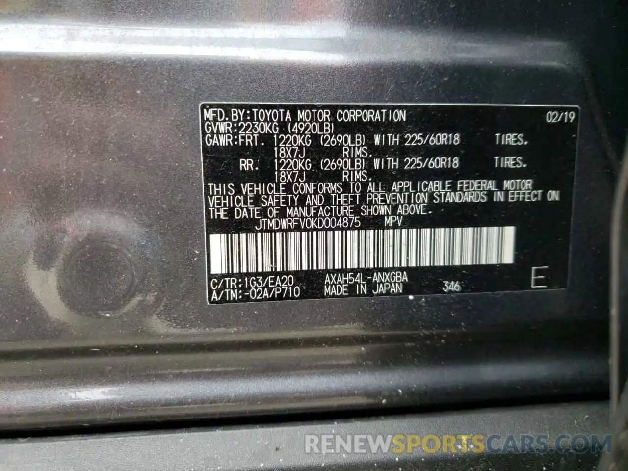 10 Photograph of a damaged car JTMDWRFV0KD004875 TOYOTA RAV4 2019