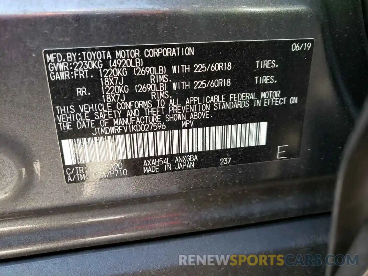 10 Фотография поврежденного автомобиля JTMDWRFV1KD027596 TOYOTA RAV4 2019